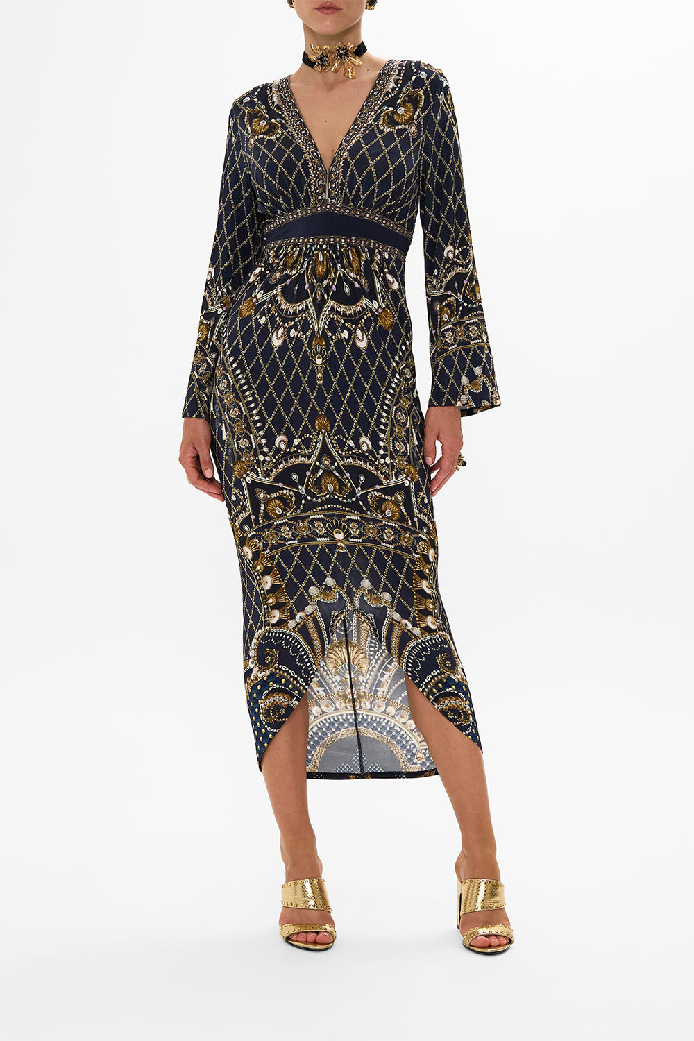 CAMILLA Gold/Black Gathered V-Neck Jersey Dress in Dance with the Duke