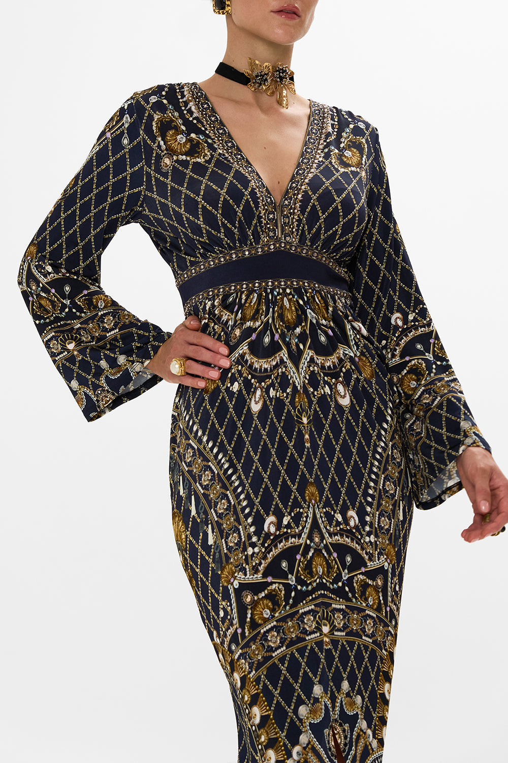 CAMILLA Gold/Black Gathered V-Neck Jersey Dress in Dance with the Duke