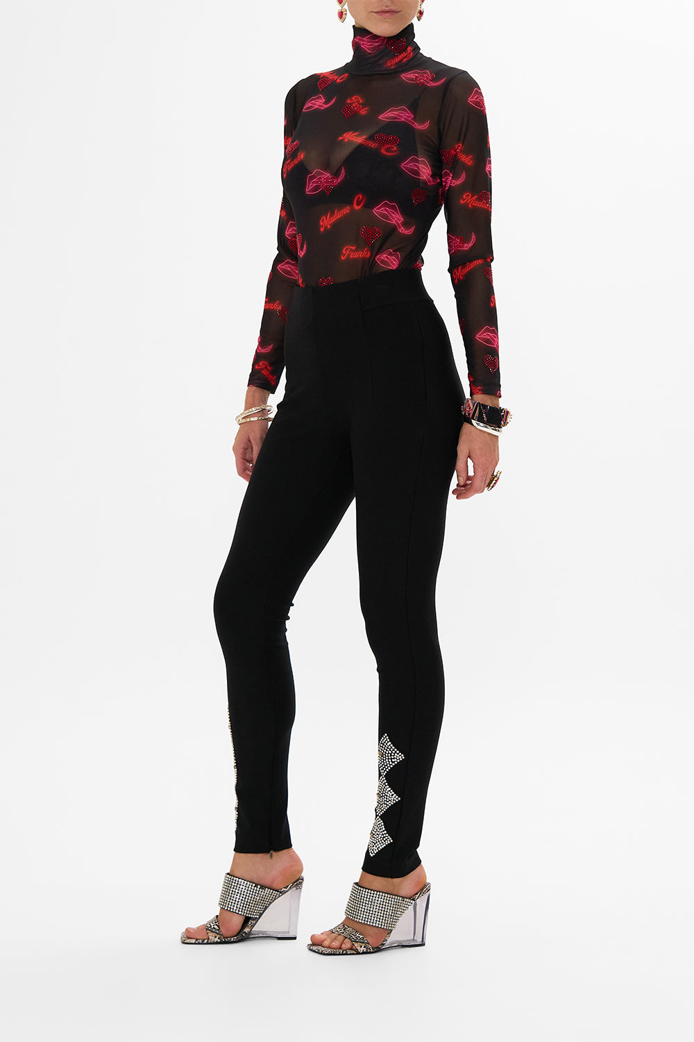 CAMILLA black mesh turtleneck in Electric Loveland print.
