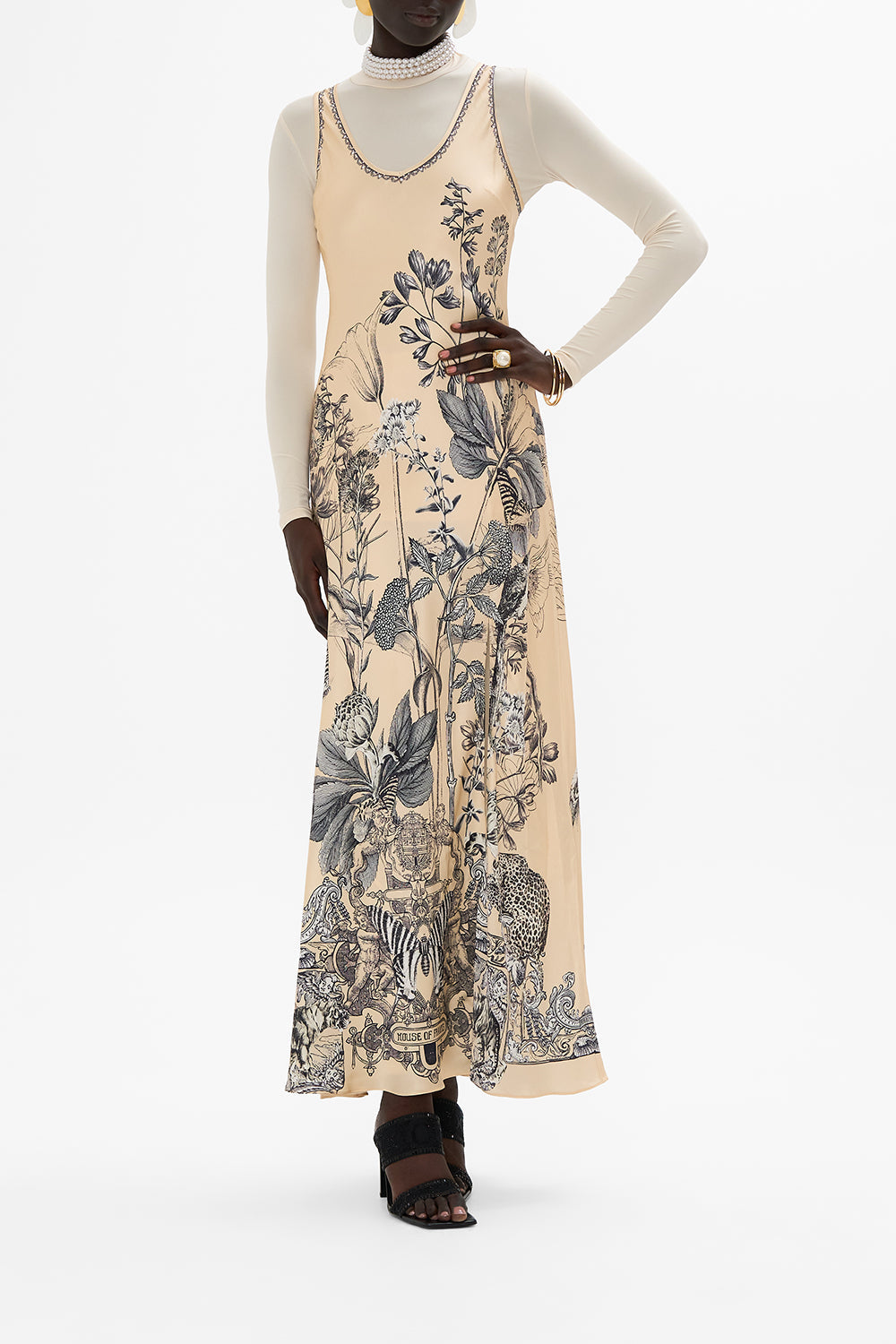 CAMILLA multi silk bias tank dress in Etched Into Eternity print