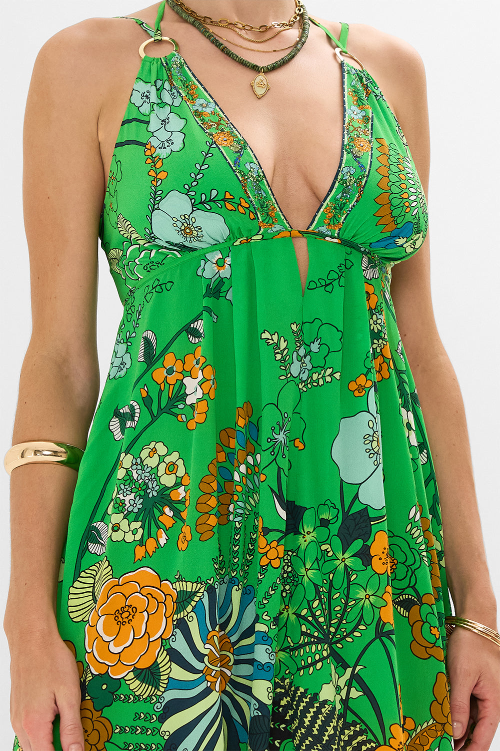 CAMILLA Green Short Flared Dress with Hardware in Good Vibes Generation print