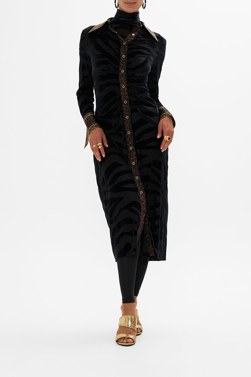 CAMILLA leopard stretch velvet animal shirt dress in Amsterglam print.