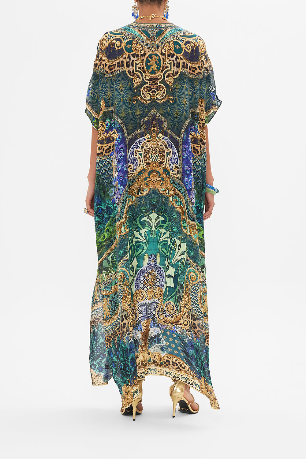 Back view of model wearing CAMILLA silk kaftan in Fan Dance print
