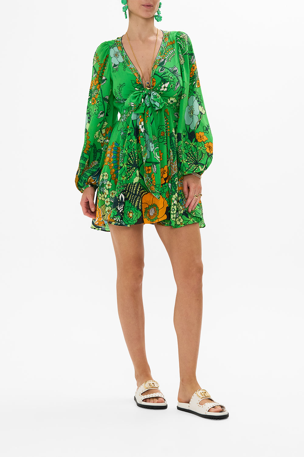 CAMILLA short wrap tie dress in Good Vibrations print.