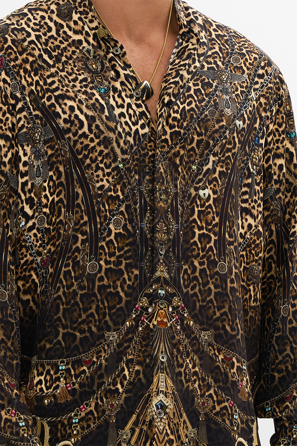 CAMILLA leopard long-sleeve mandarin collar shirt in Amsterglam print