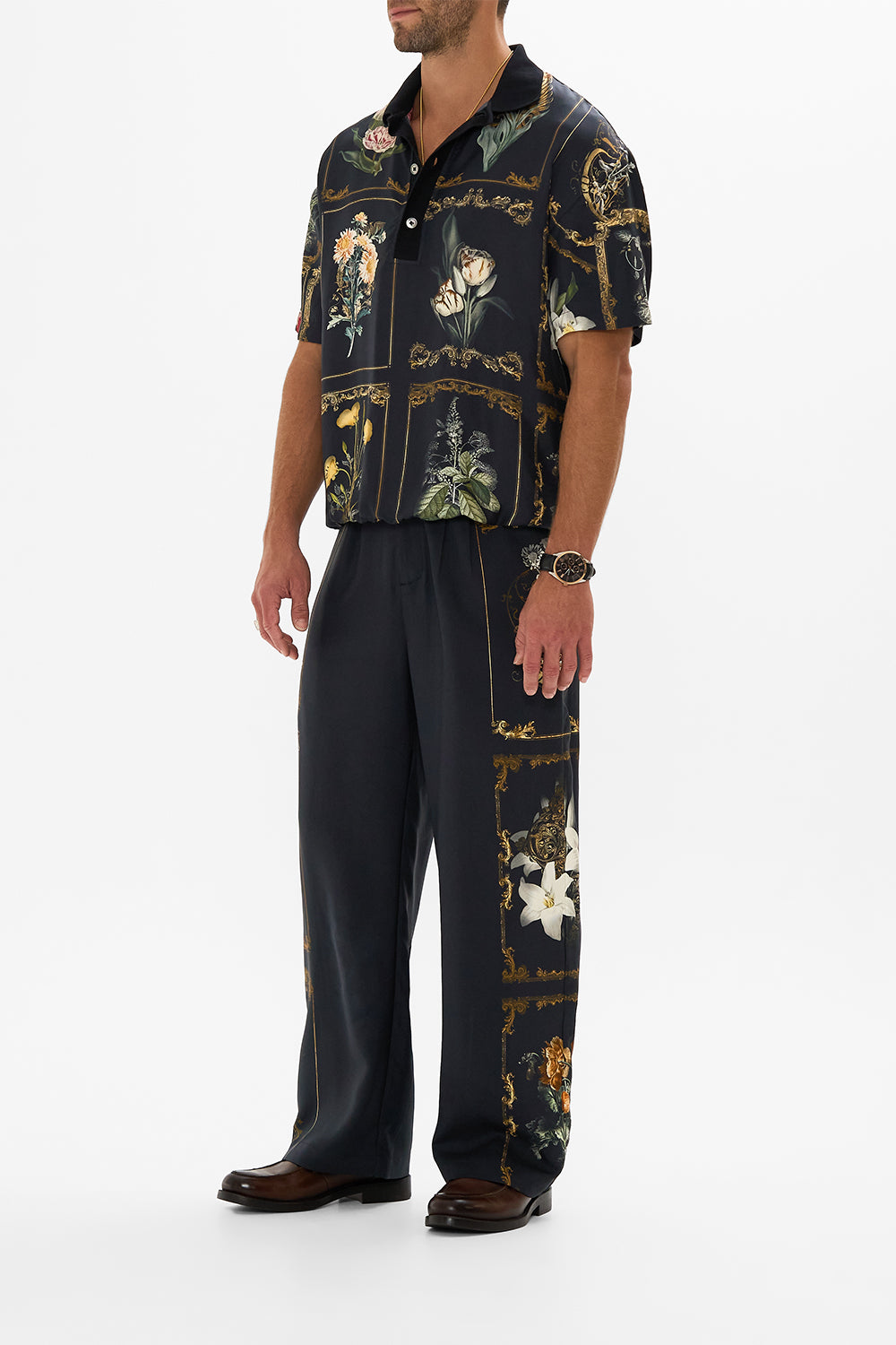 Hotel Franks by CAMILLA floral woven short sleeve polo shirt in Magic in the Manuscripts print