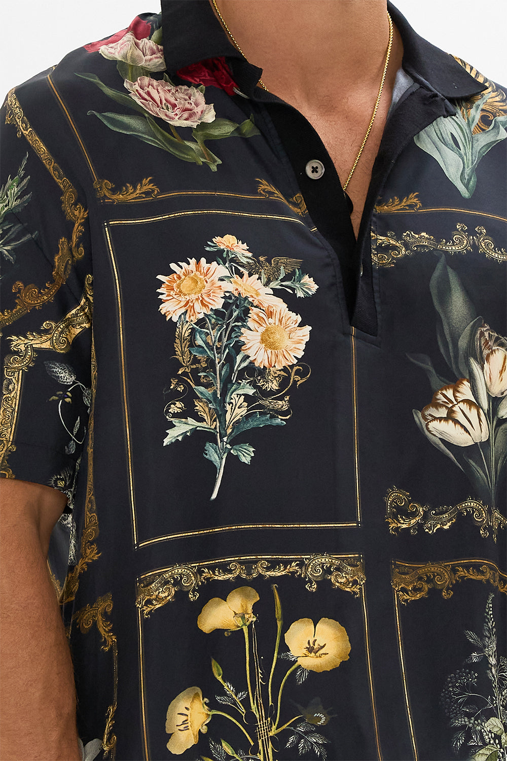 Hotel Franks by CAMILLA floral woven short sleeve polo shirt in Magic in the Manuscripts print