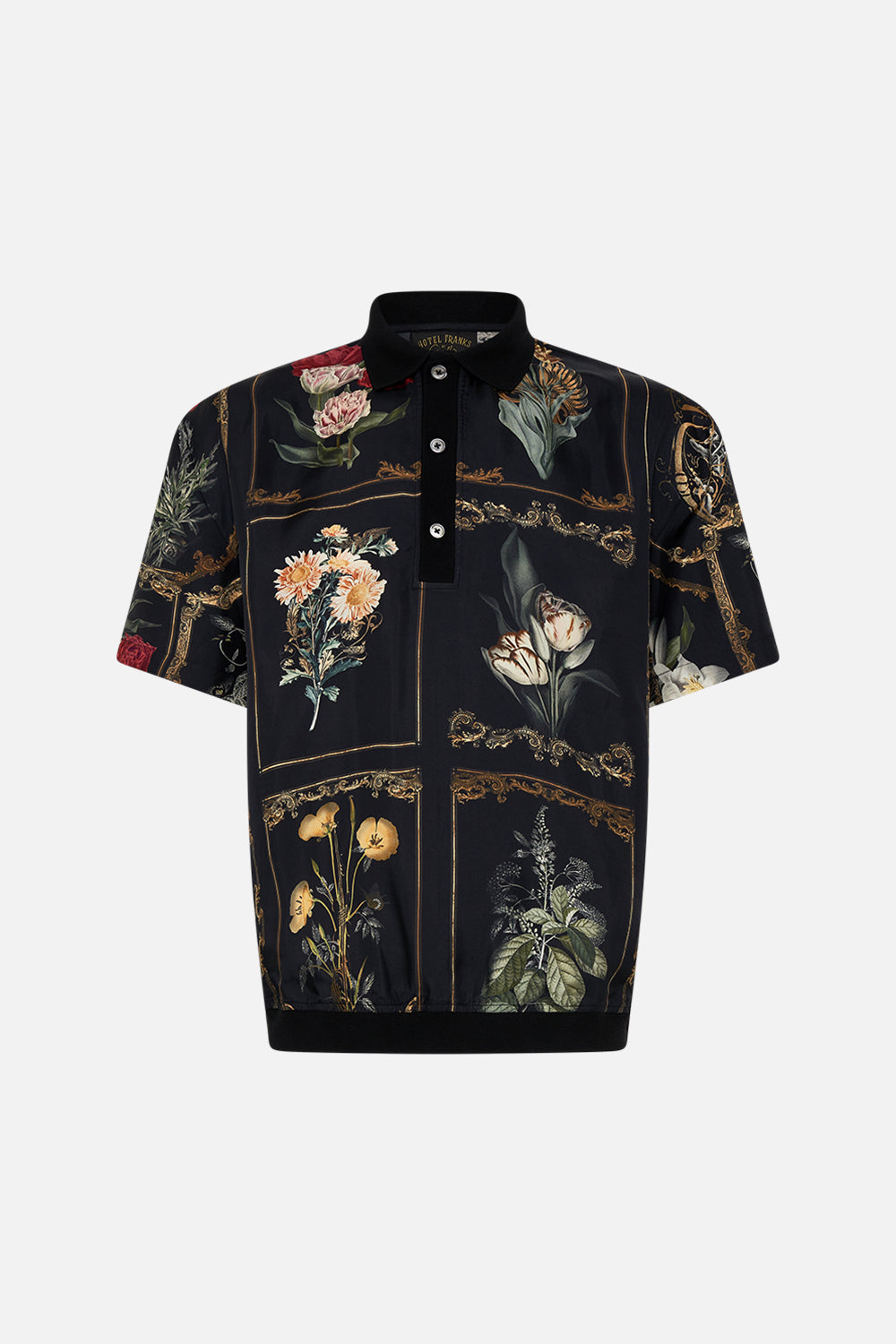 Hotel Franks by CAMILLA floral woven short sleeve polo shirt in Magic in the Manuscripts print