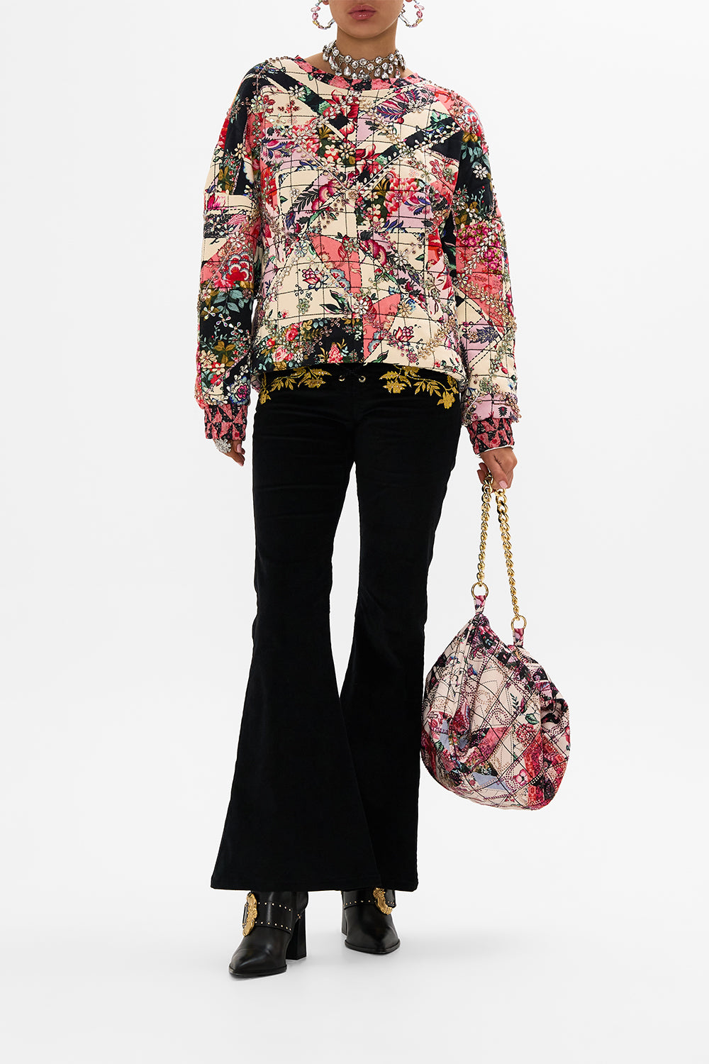 CAMILLA multicolor silk band dropped shoulder sweatshirt in Patchwork Poetry print.