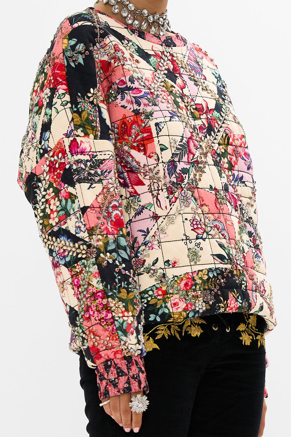 CAMILLA multicolor silk band dropped shoulder sweatshirt in Patchwork Poetry print.