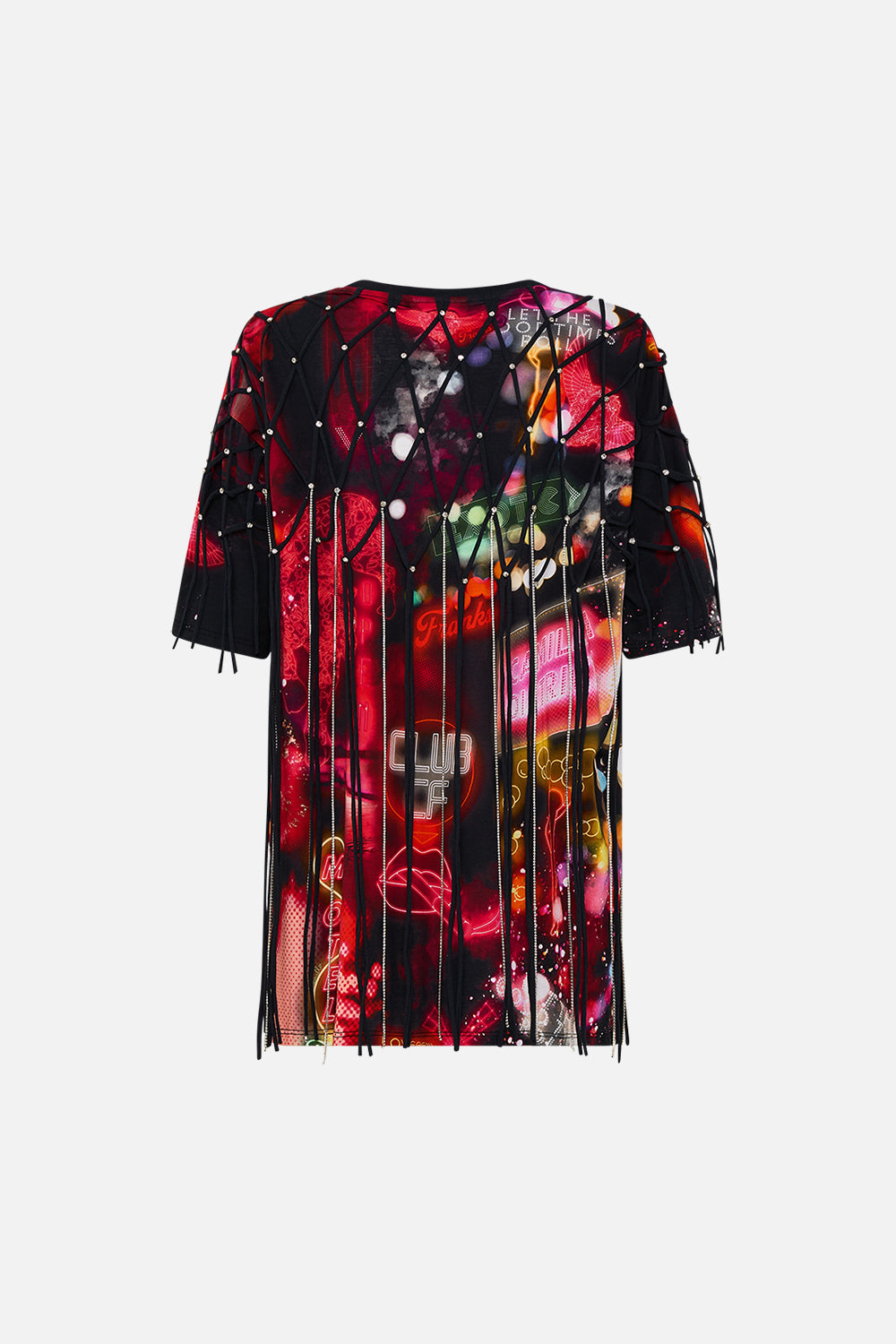 CAMILLA black oversized band tee with embellished overlay in Electric Loveland print.