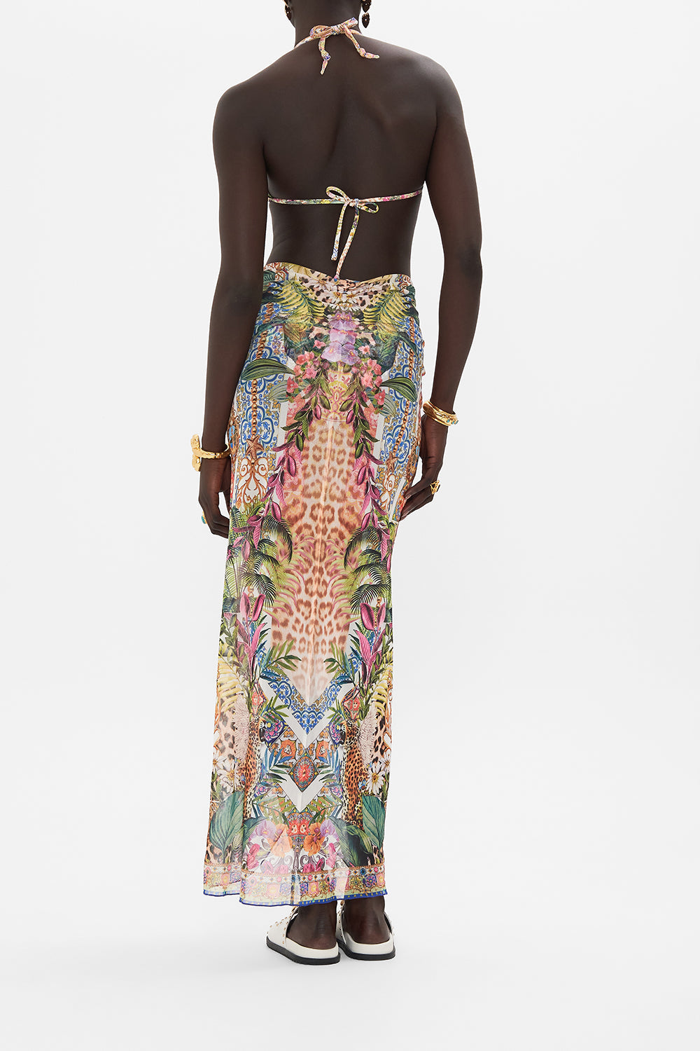 Back view of model wearing CAMILLA floral skirt in Flowers Of Neptune print