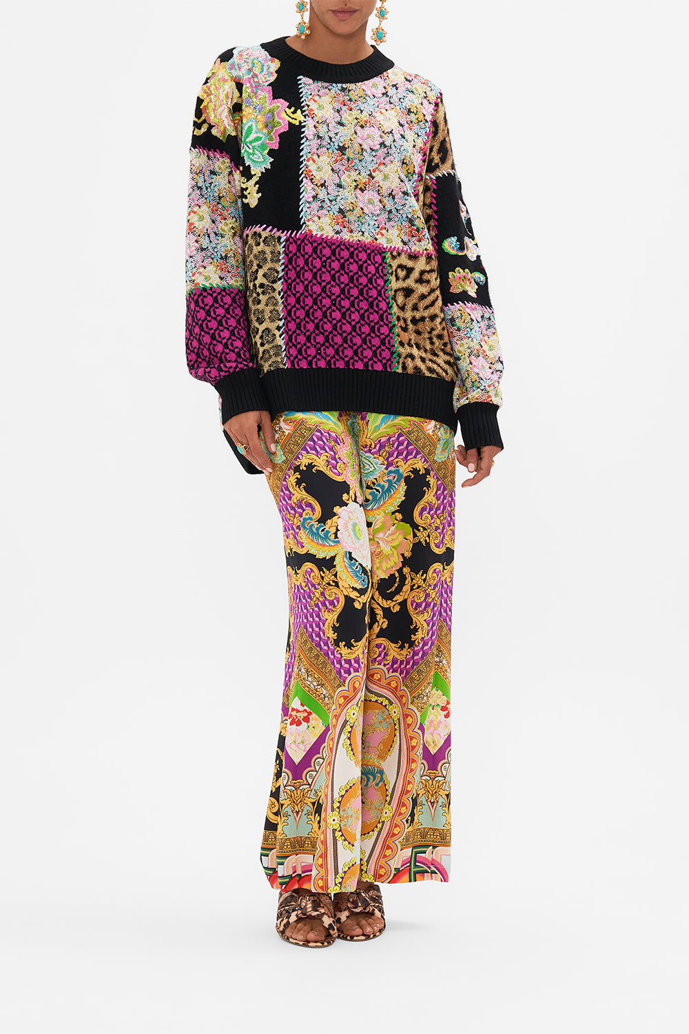 Front view of model wearing CAMILLA printed jumper in Sundowners in Sicily print