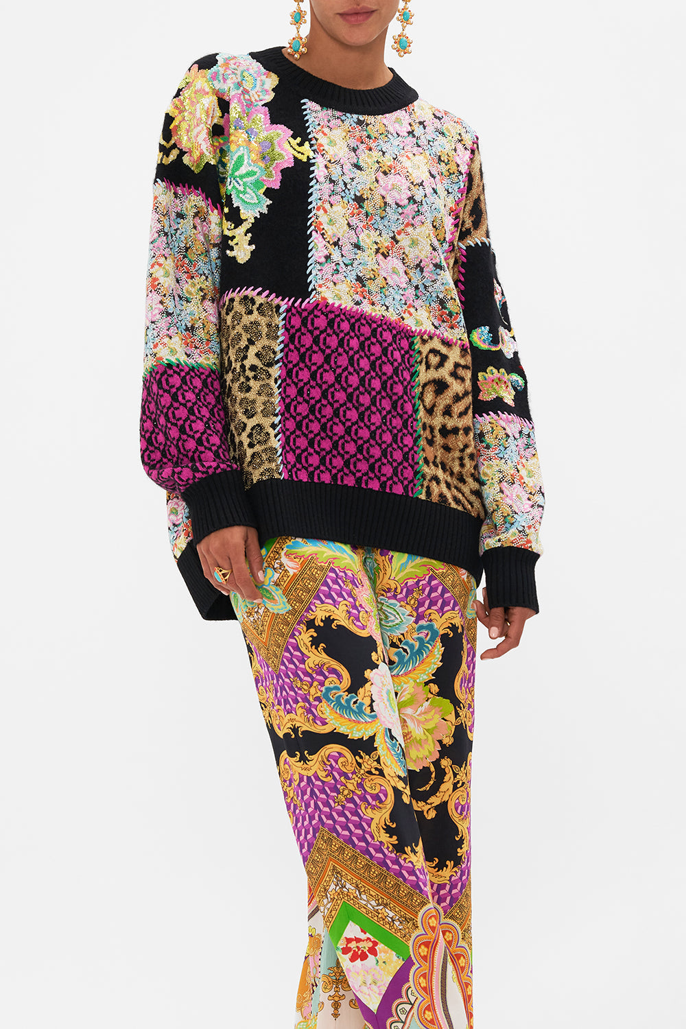 Crop view of model wearing CAMILLA printed jumper in Sundowners in Sicily print