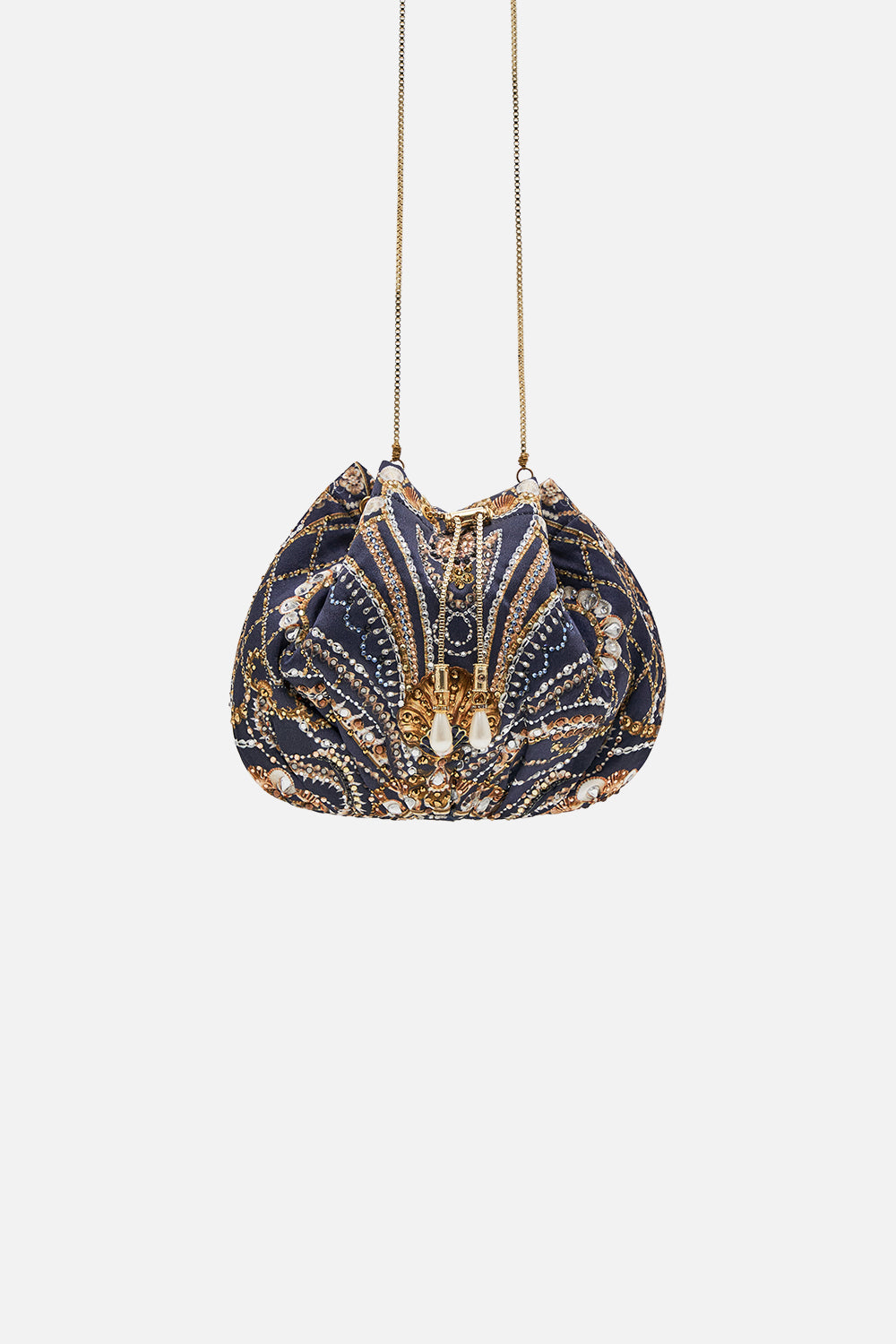 CAMILLA gold/black drawstring pouch with chain strap in Dance with the Duke