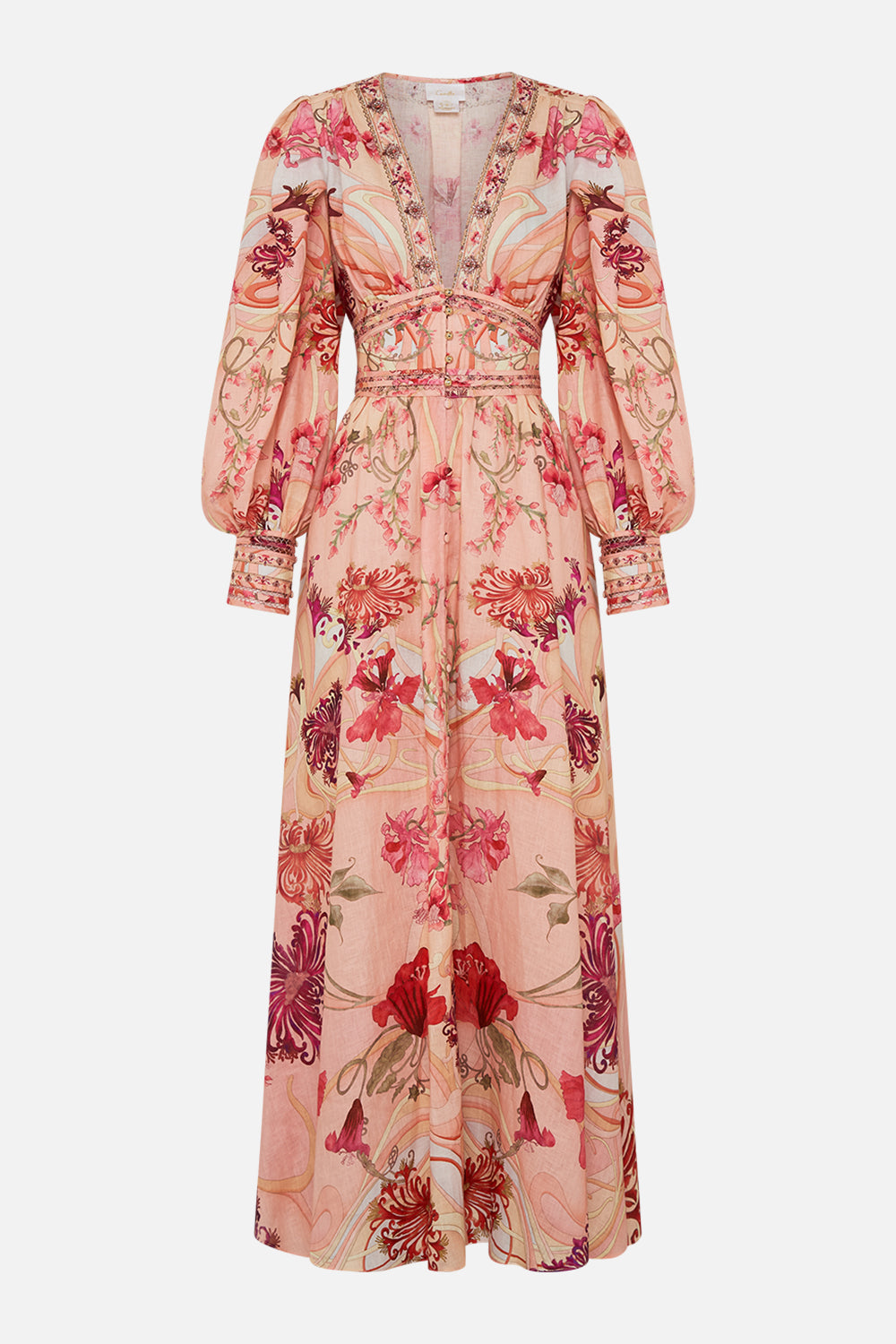CAMILLA Floral Shaped Waistband Dress with Gathered Sleeves in Blossoms and Brushstrokes print