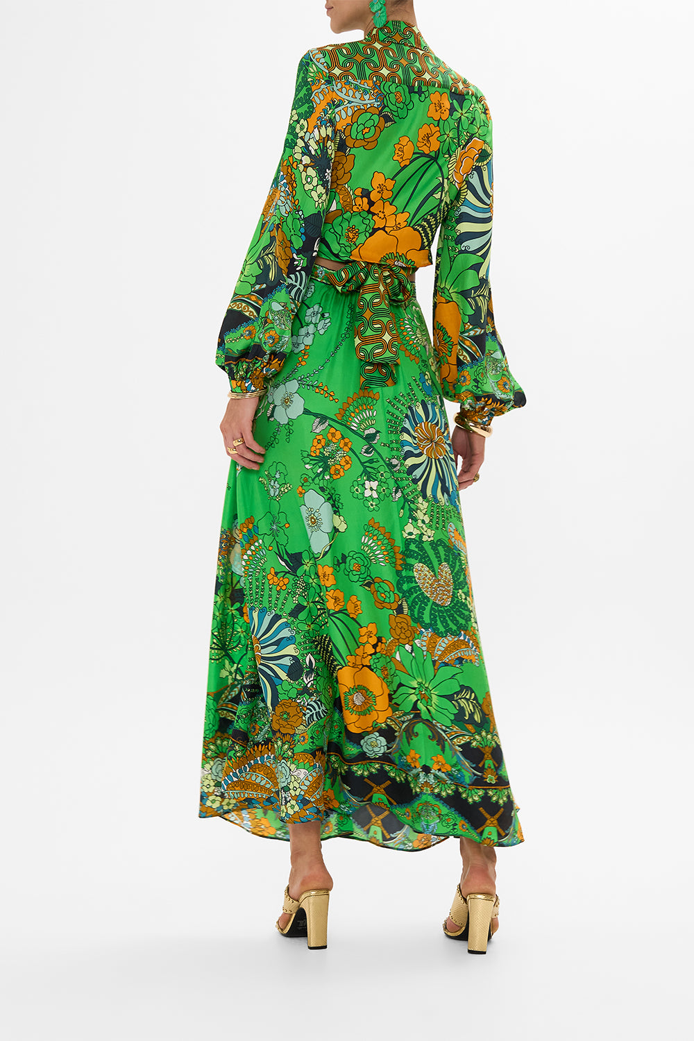 CAMILLA green button through skirt in Good Vibes Generation print.