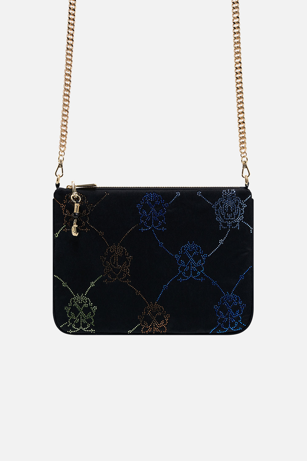 CAMILLA black embellished zip top clutch with strap in Black Mono