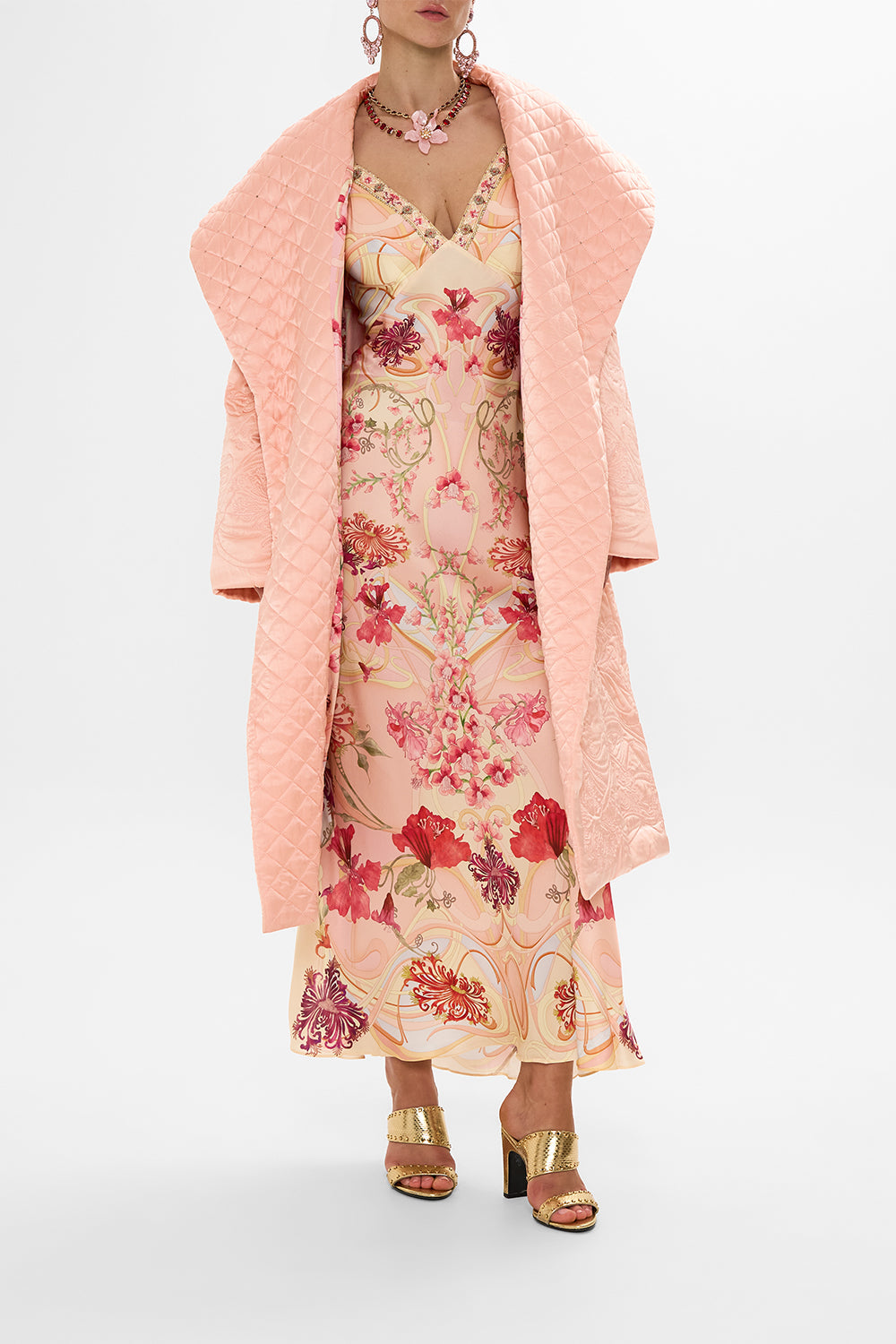 CAMILLA Floral Quilted Long Wrap Coat in Blossoms and Brushstrokes