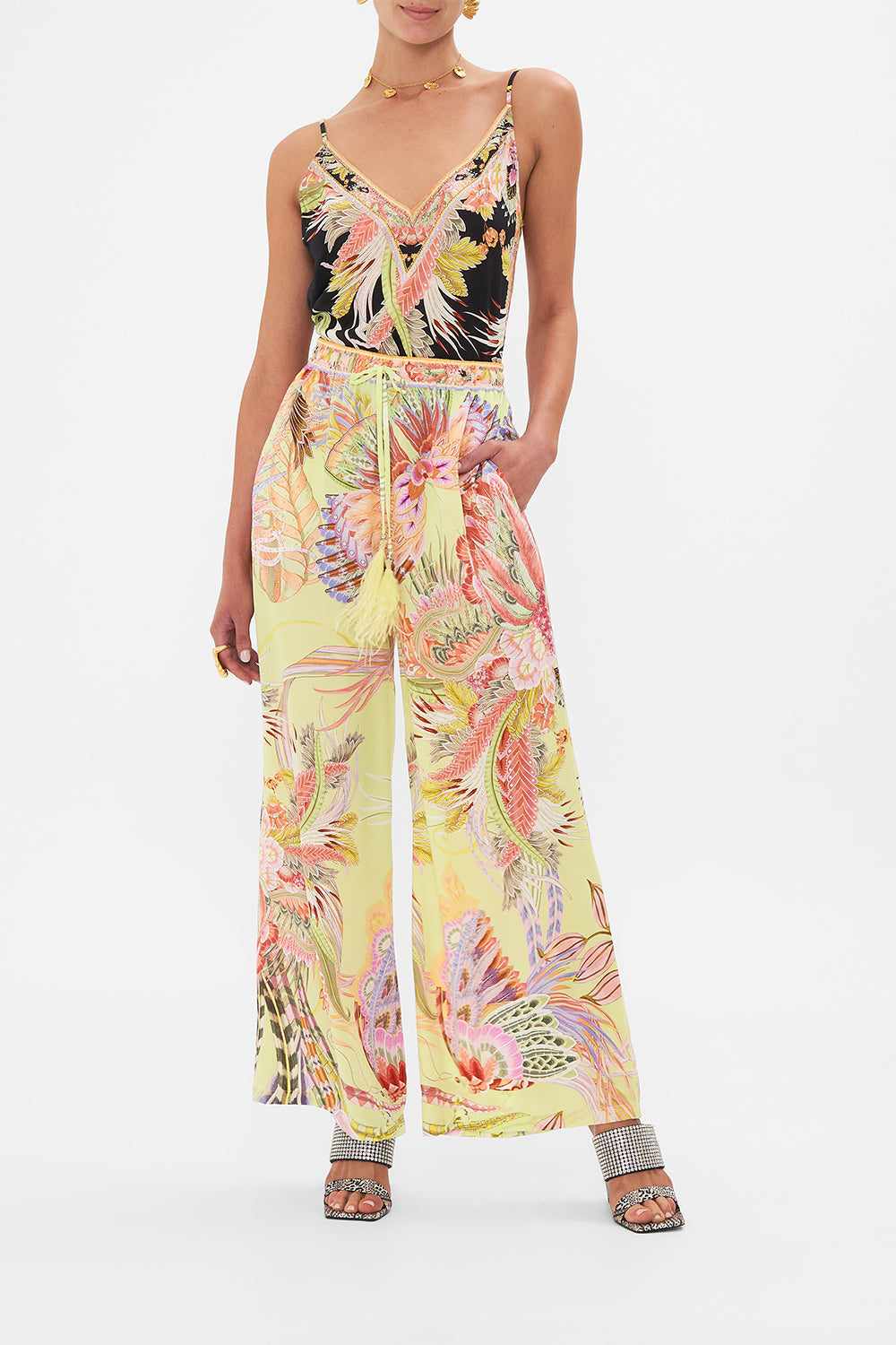 Front view of model wearing CAMILLA silk pants Cosmic Tuscan print