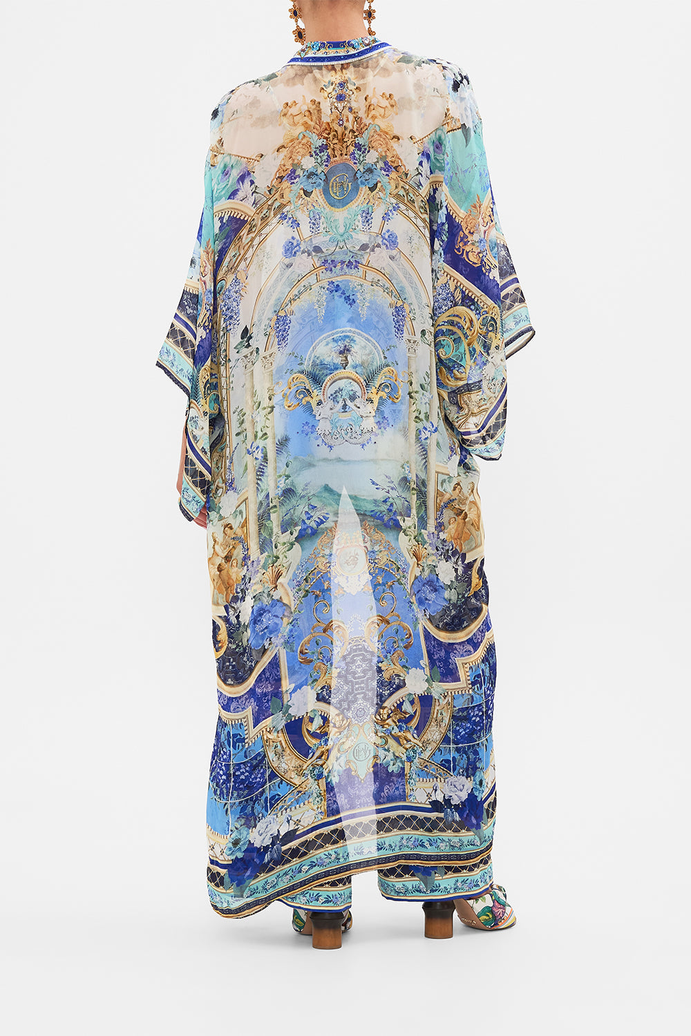 Back view of model wearing CAMILLA silk kimono layer in Views Of Vesuvius print