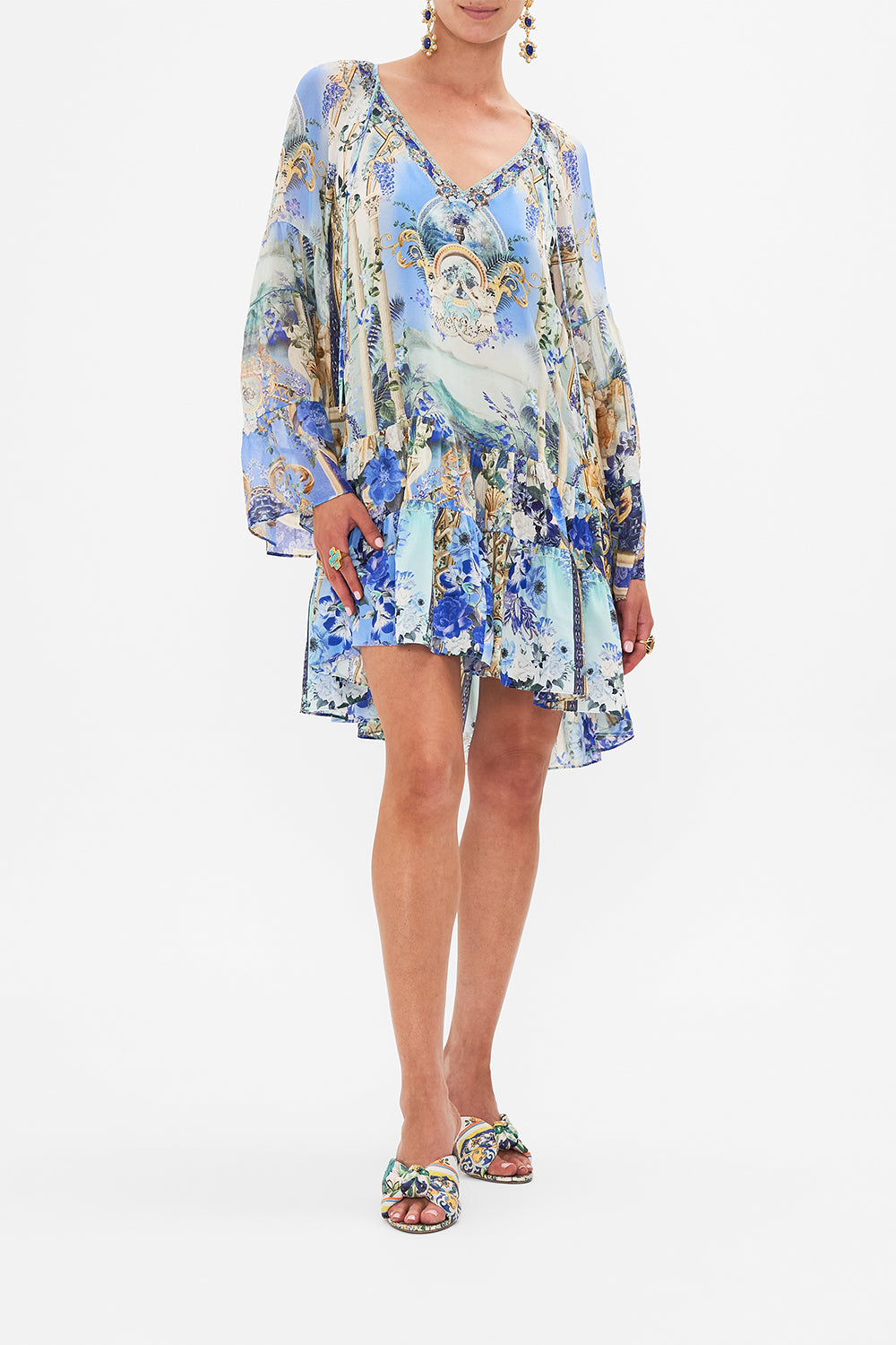 Front view of model wearing CAMILLA A Line dress in Views Of Vesuvious print