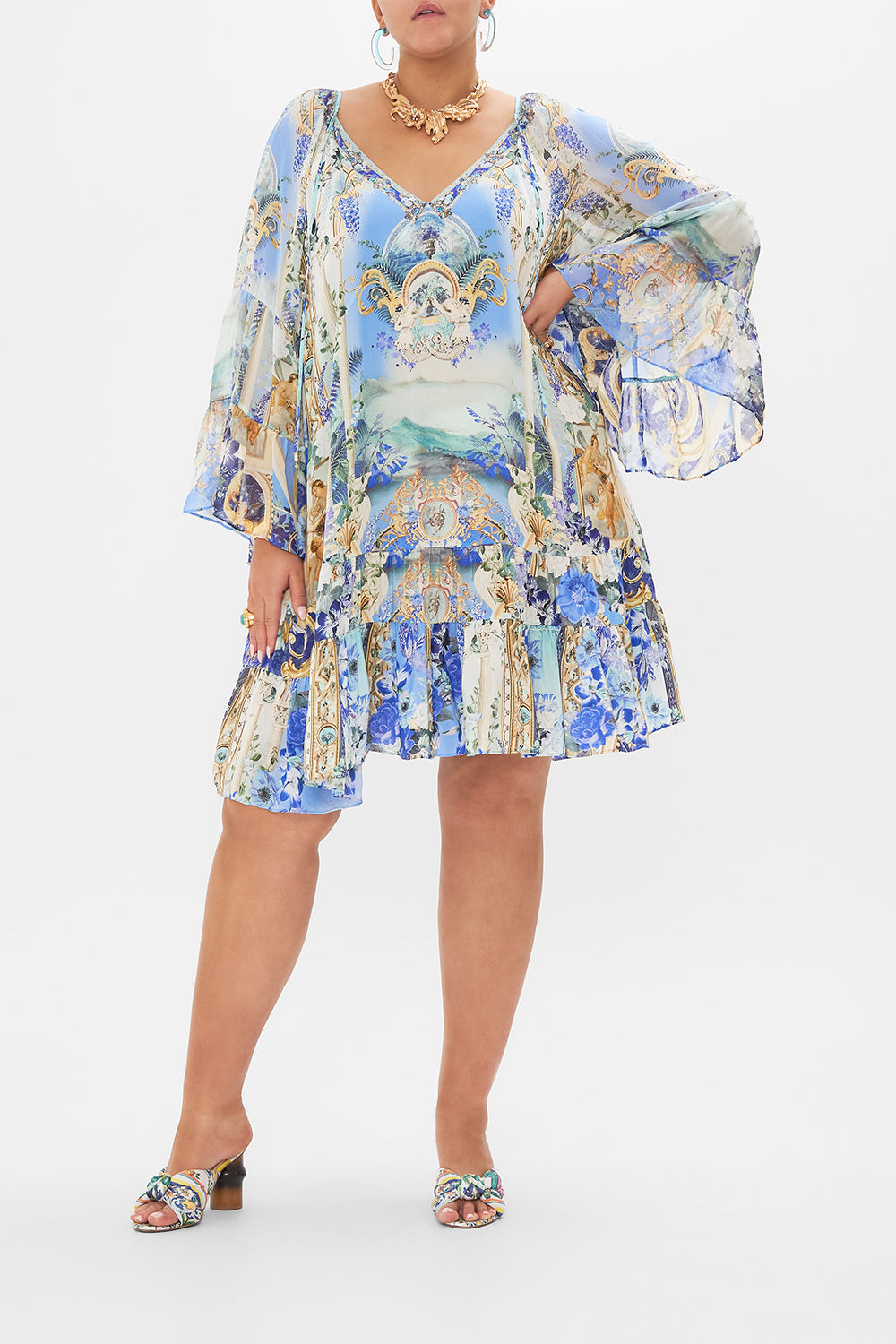 From view of curvy model wearing CAMILLA plus size silk dress in Views Of Vesuvius print