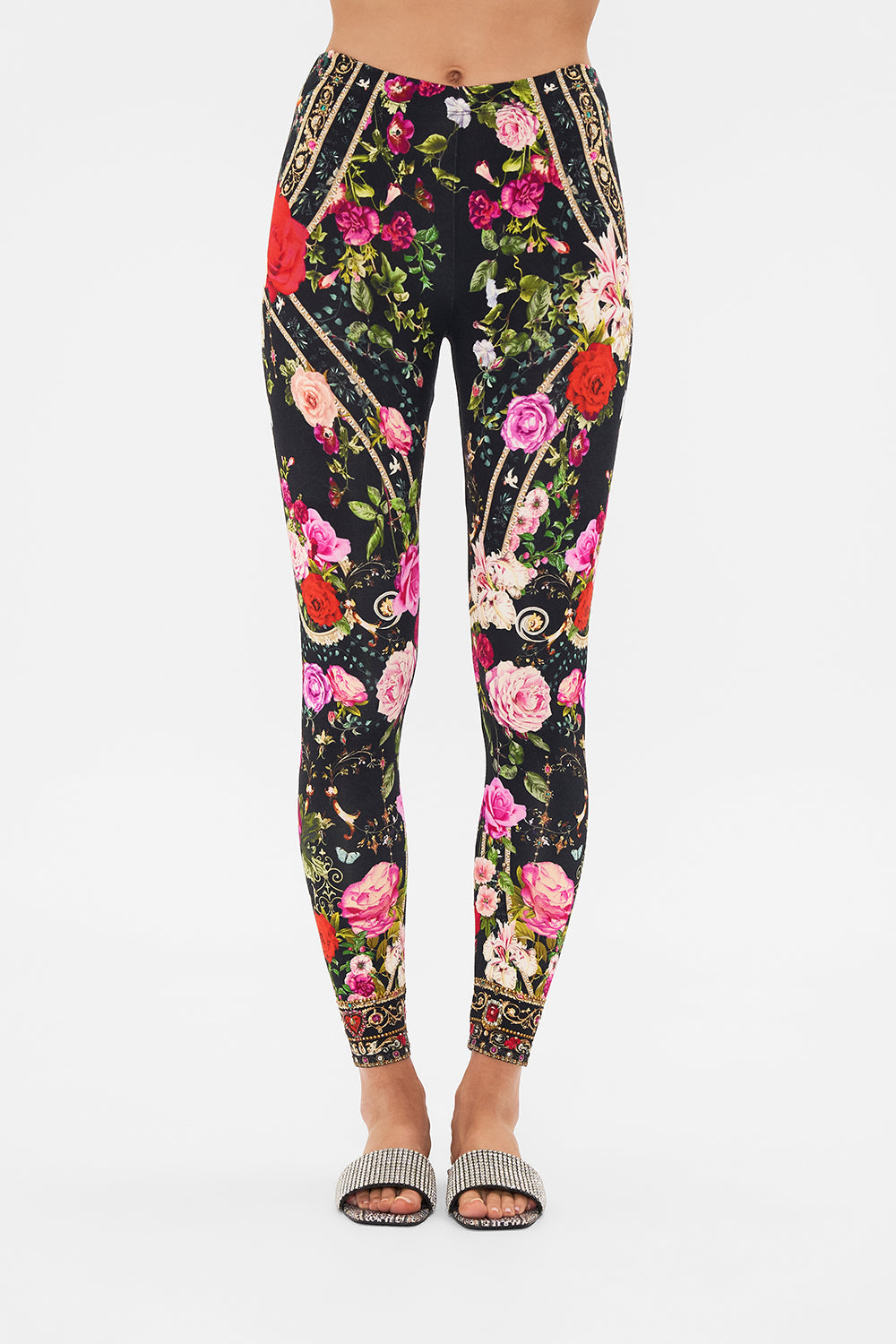 Crop view of model wearing CAMILLA womens leggings in Reservation For Love print