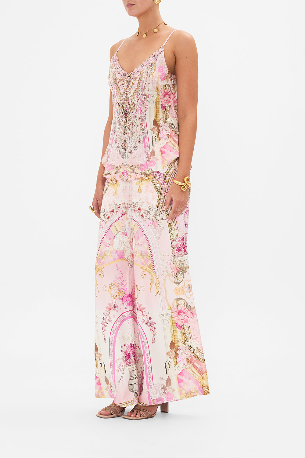 Side view of model wearing CAMILLA silk cami in Fresco Fairytale print