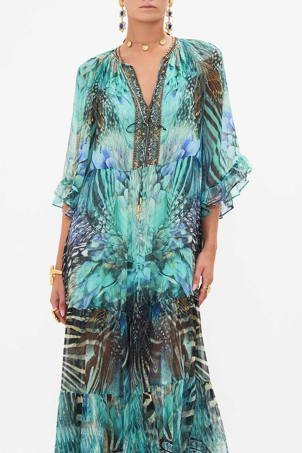 Crop view of model wearing CAMILLA silk dress in Azure Allure