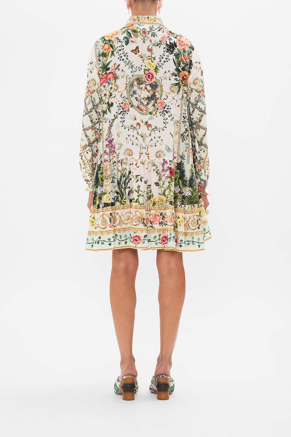 Back view of model wearing CAMILLA silk shirt dress in Renaissance Romance print