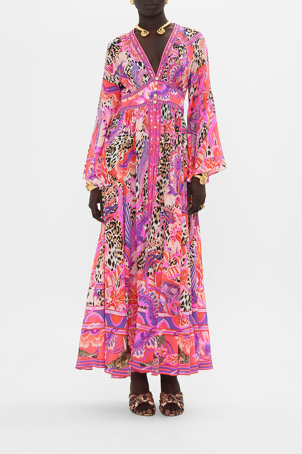 Front view of model wearing CAMILLA silk wide sleeve dress in Viola Vintage print