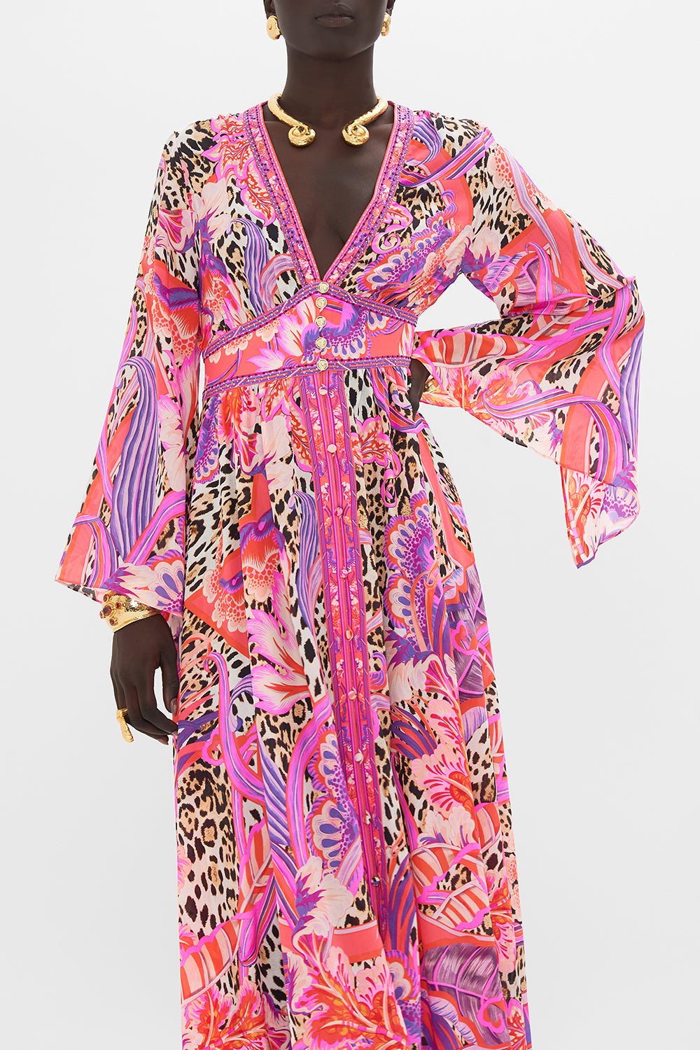 Crop view of model wearing CAMILLA silk wide sleeve dress in Viola Vintage print