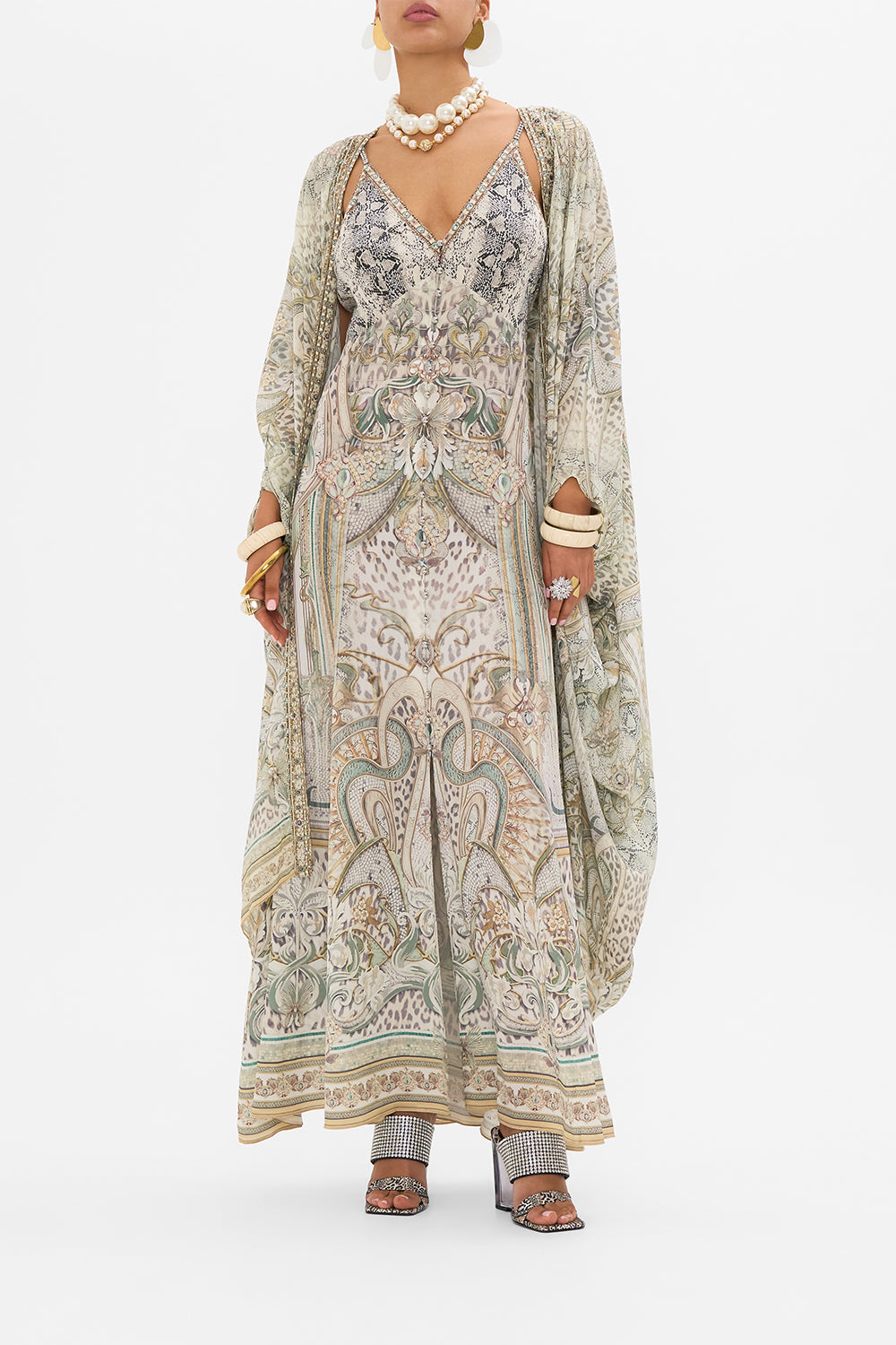 CAMILLA silk dress in Ivory Tower Tales print