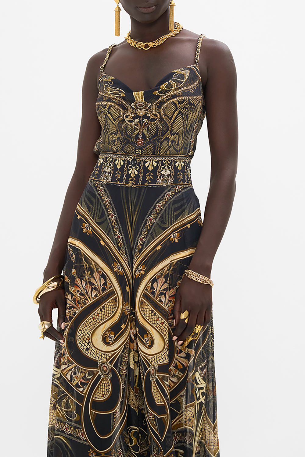 CAMILLA bias silk cami in Nouveau Noir print