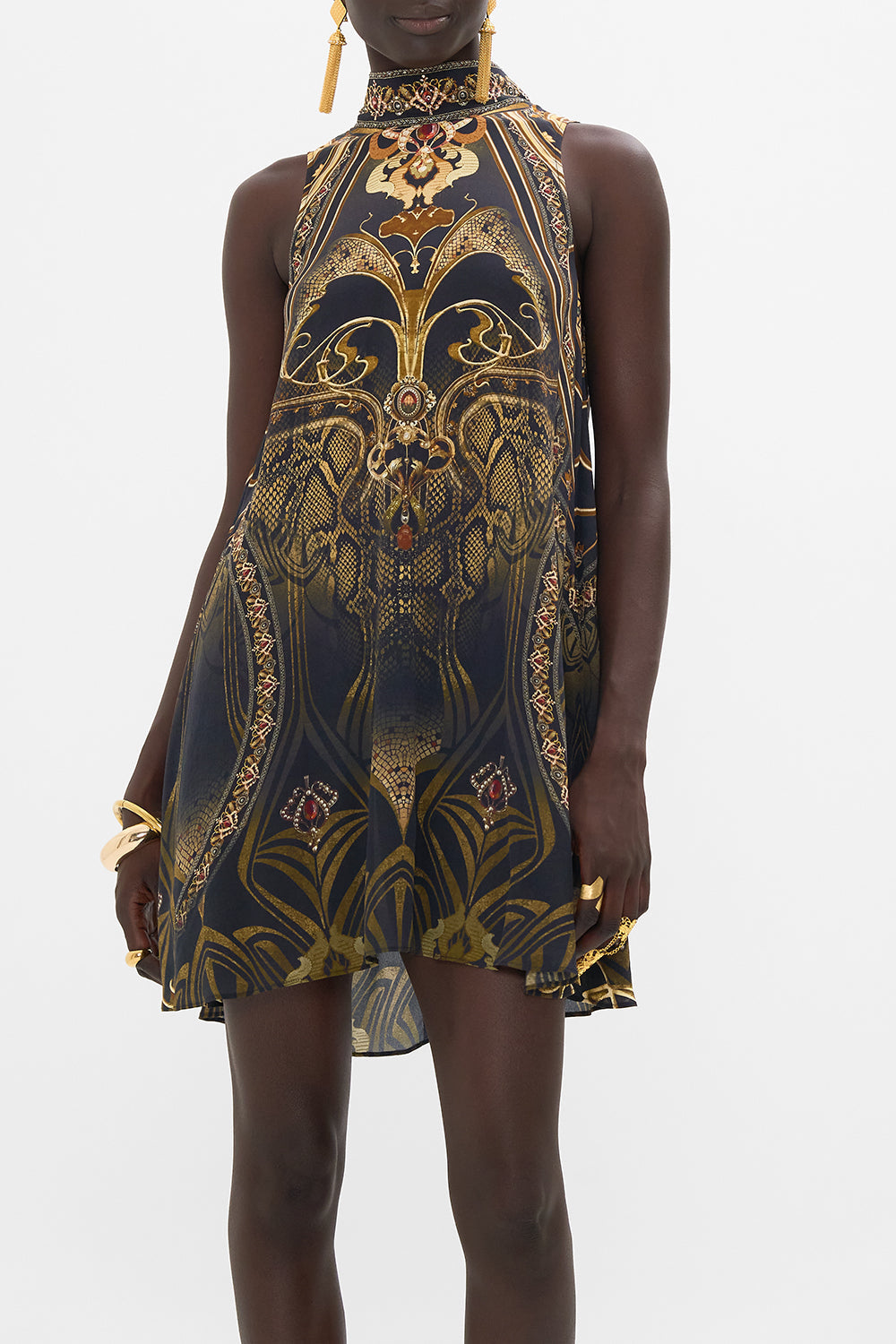 CAMILLA silk mini dress in Nouveau Noir print