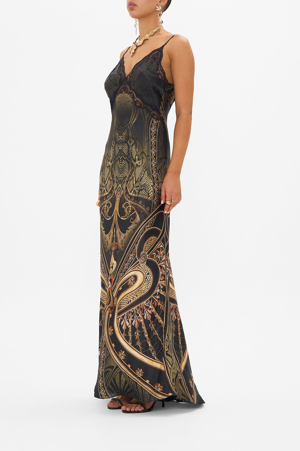 CAMILLA silk slip dress in Nouveau Noir print