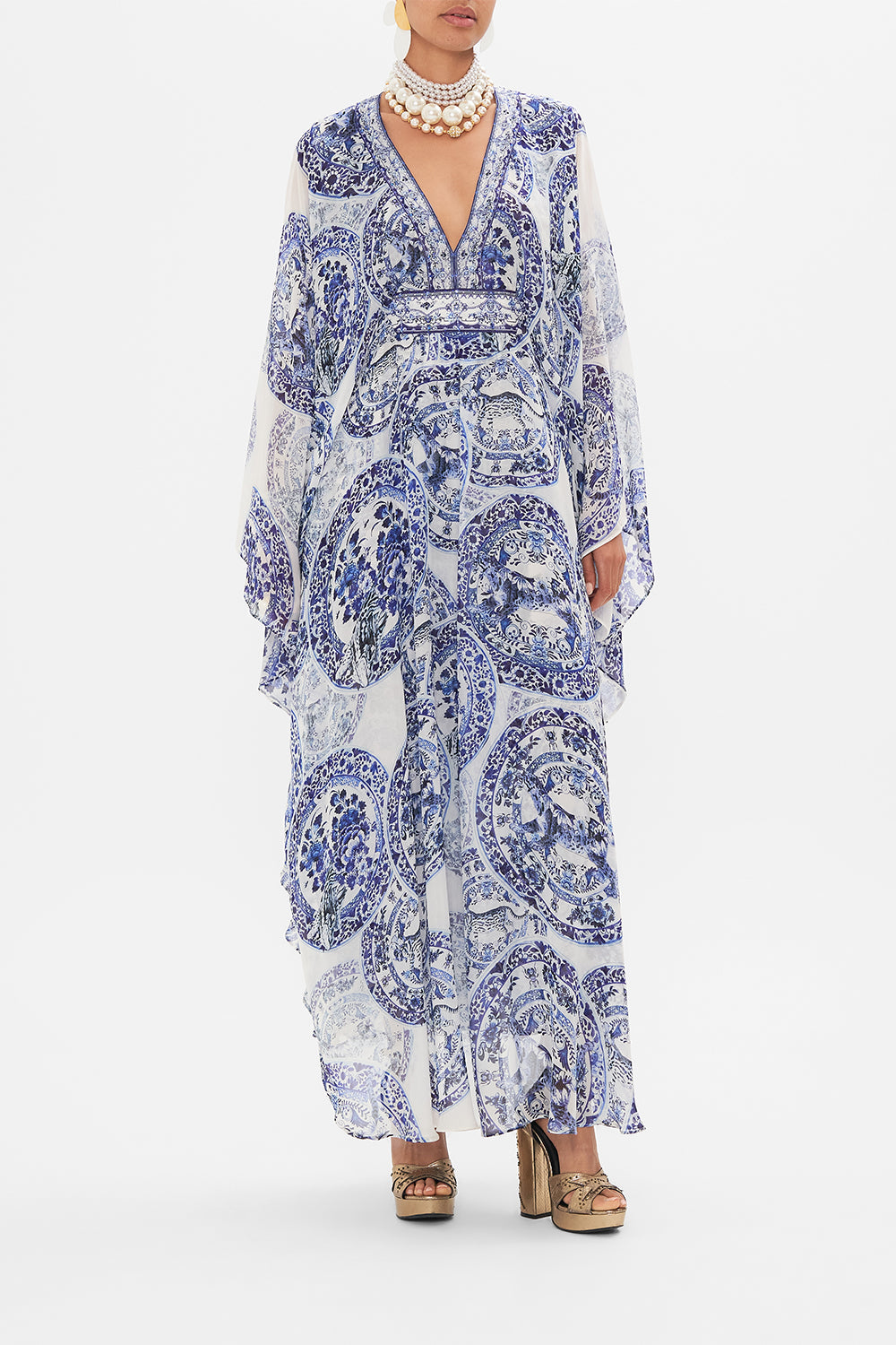 Front view of model wearing CAMILLA silk kaftan in Glaze and Graze print