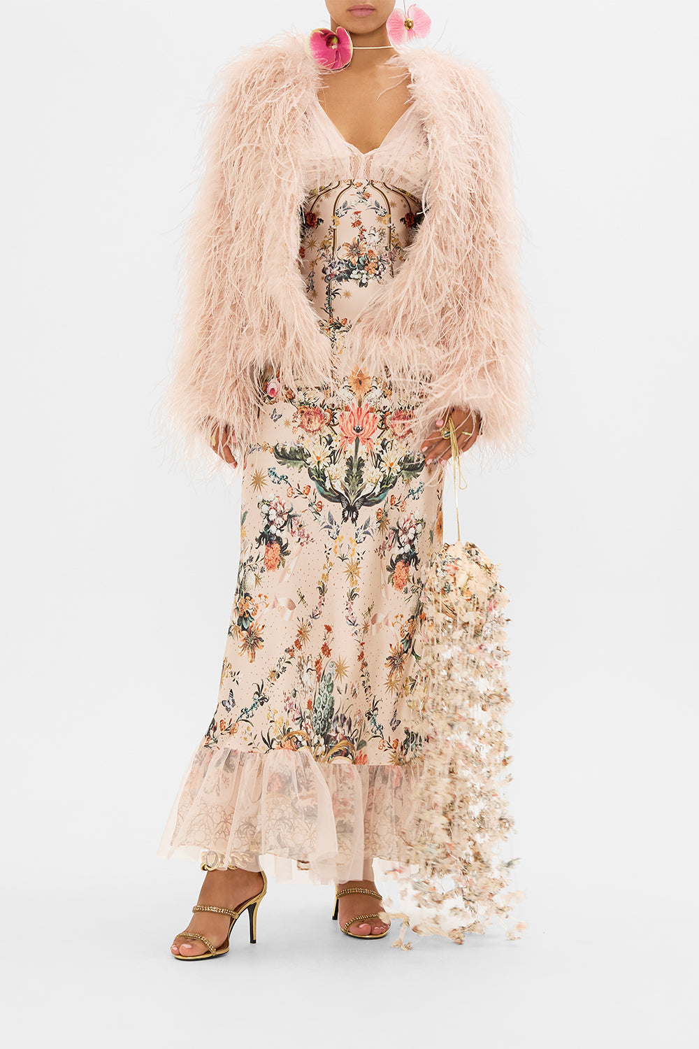 CAMILLA feather jacket in Rose Garden Revolution print
