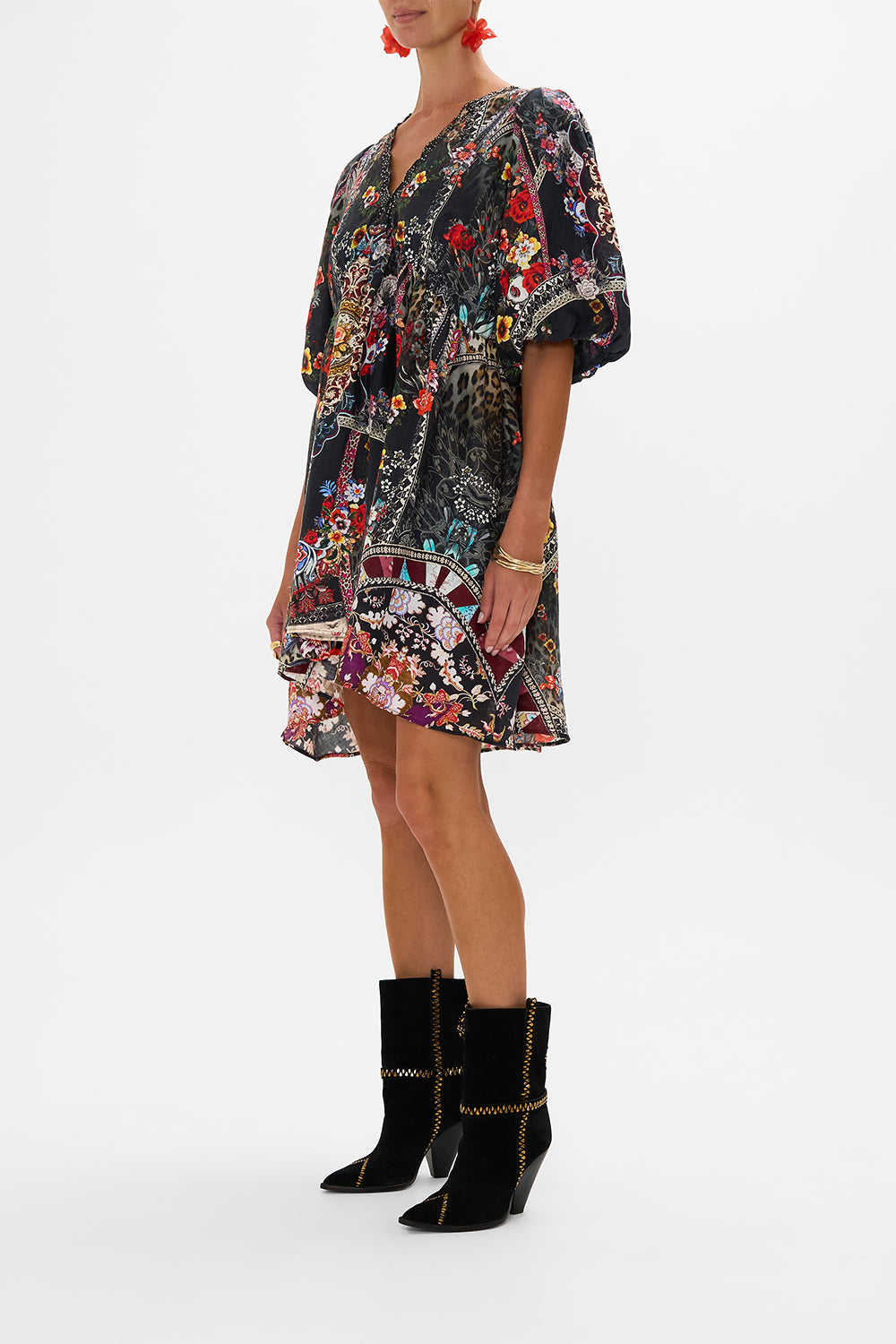 CAMILLA puff sleeve mini dress in Volendam Dolls print