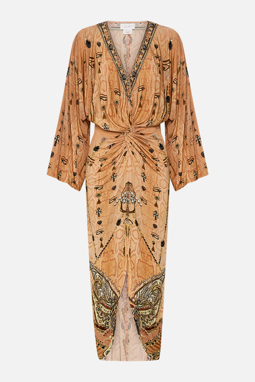 CAMILLA Gold Long Split Front Twist Dress in Kingdom of Hieroglyphs Print