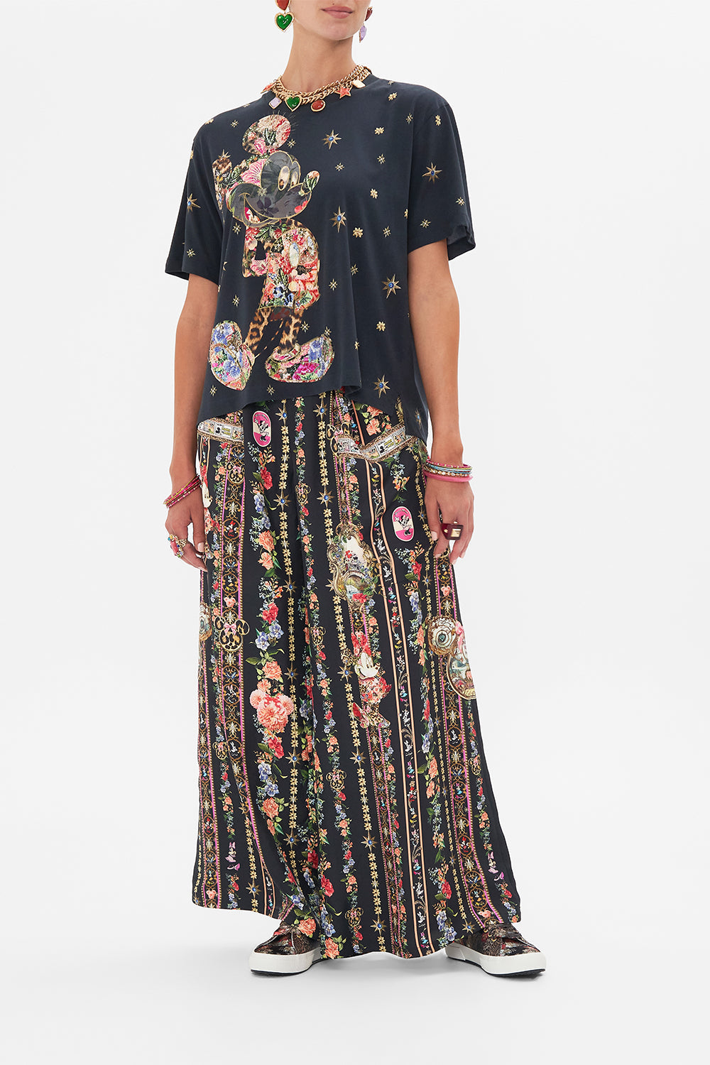 Front view of model wearing Disney x CAMILLA womens black t shirt in Midnight At Minnies