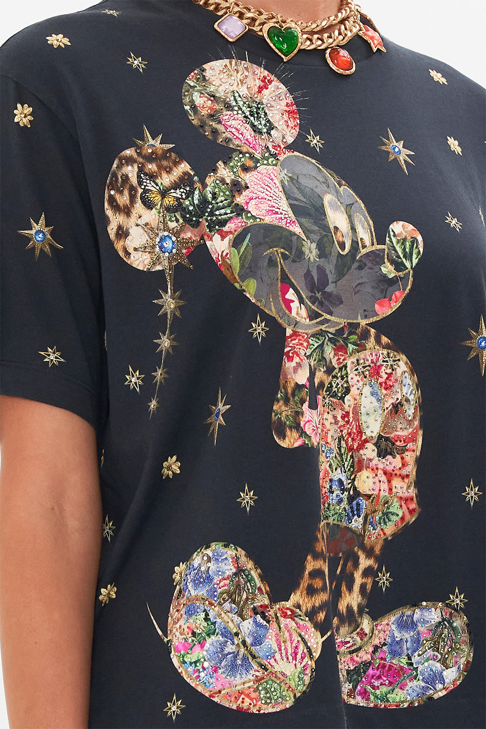 Detail view of model wearing Disney x CAMILLA womens black t shirt in Midnight At Minnies