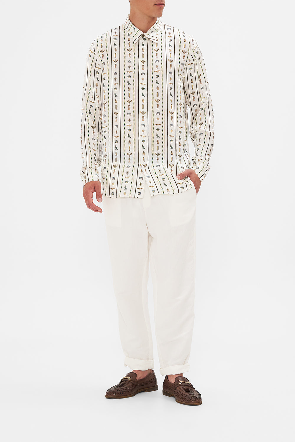 Hotel Franks By CAMILLA White Long Sleeve Hidden Placket Shirt in Valley Of The Queens print.