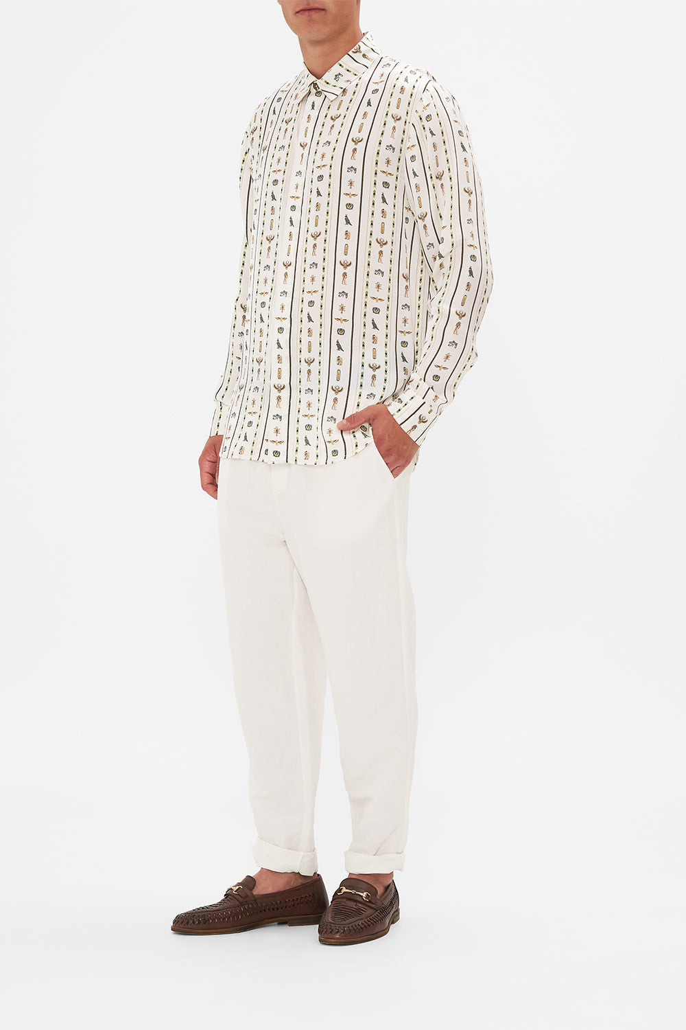 Hotel Franks By CAMILLA White Long Sleeve Hidden Placket Shirt in Valley Of The Queens print.