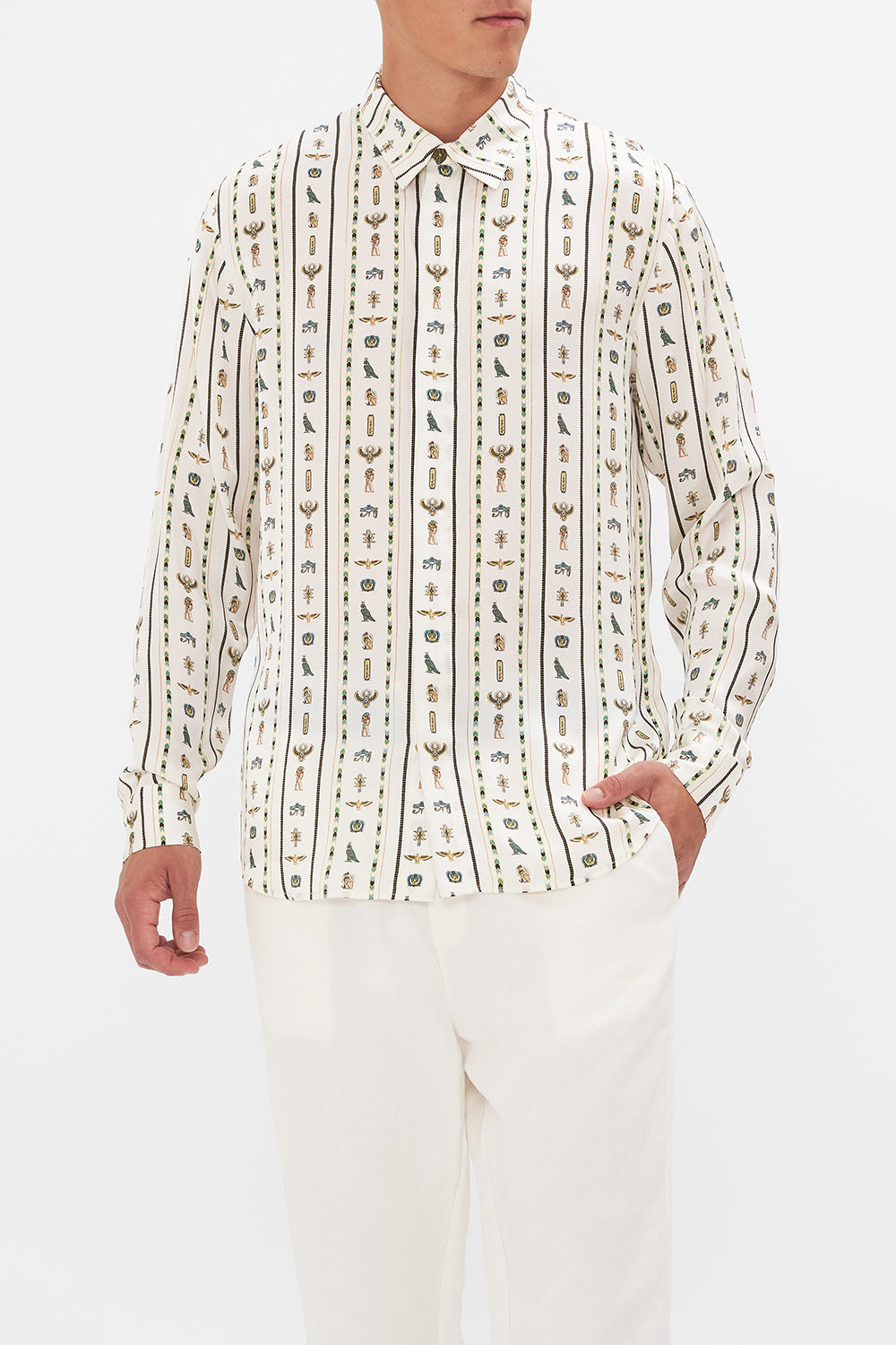 Hotel Franks By CAMILLA White Long Sleeve Hidden Placket Shirt in Valley Of The Queens print.