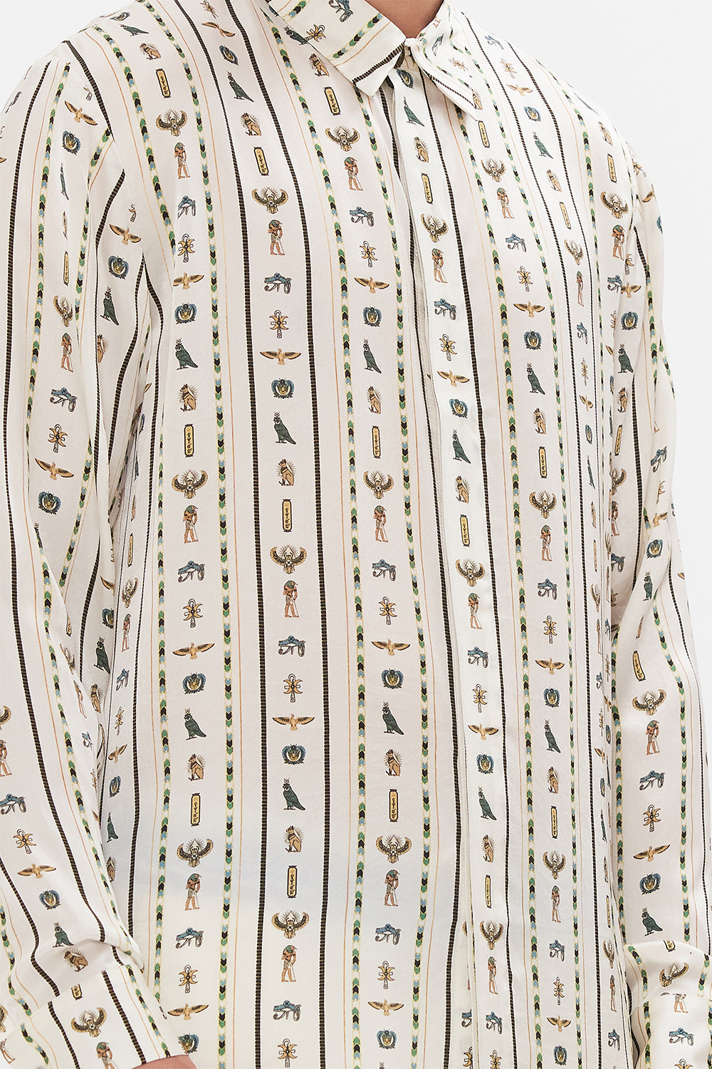 Hotel Franks By CAMILLA White Long Sleeve Hidden Placket Shirt in Valley Of The Queens print.