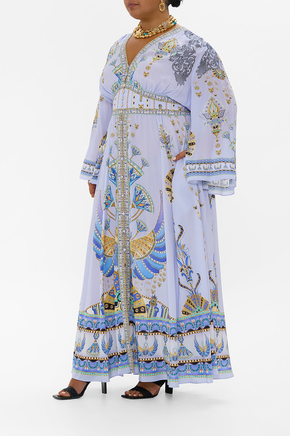 KIMONO SLEEVE DRESS WITH SHIRRING DETAIL UNDER SCARAB SKIES