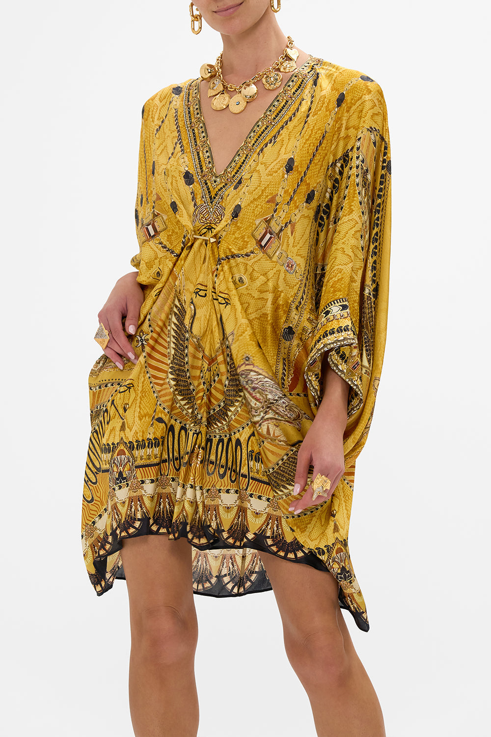 CAMILLA Gold Pierced V-Neck Short Kaftan in Valley of the Kings Print