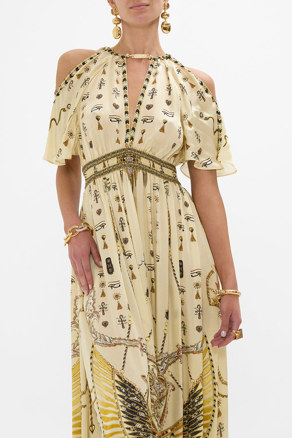 CAMILLA Gold Neck Piece Shirred Waist Long Dress in Gateway to the Afterlife Print